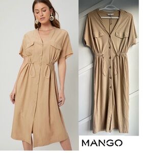 Mango Utility Drawstring Khaki Beige Mocha Brown Midi Linen Dress size S